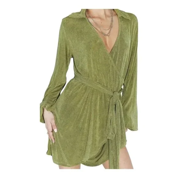 Princess Polly Sexy Flowy Feminine Green Wrap Size 4 Long Sleeve Mini Dress - Picture 2 of 10